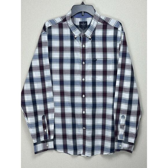 American Eagle Outfitters Men’s Sz XL Plaid Blue Burgundy Button Down Shirt - Picture 1 of 11